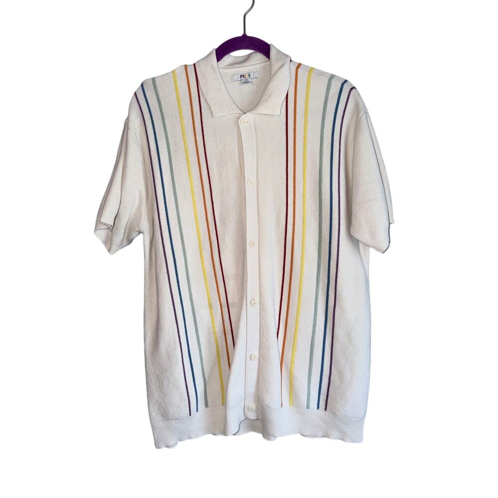 American eagle pride men’s large white short sleeve button front sweater rainbow